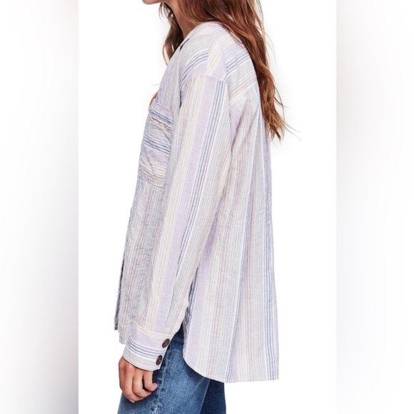 Free People High Tide Striped Boho Button-Down Top blouse pink white size S - Picture 3 of 13